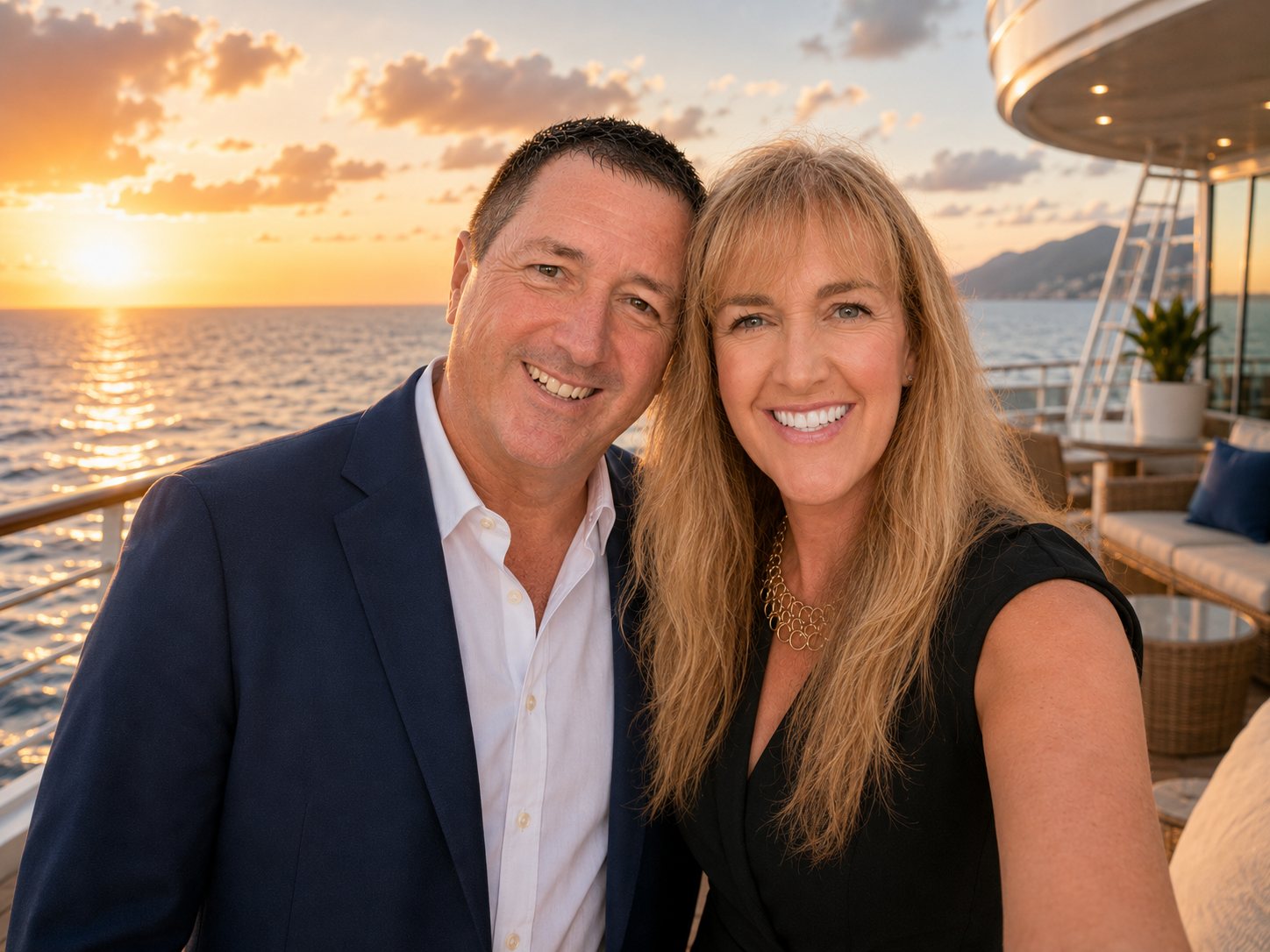 Sarah and Pete of Twilight Travel on a cruise deck at sunset
