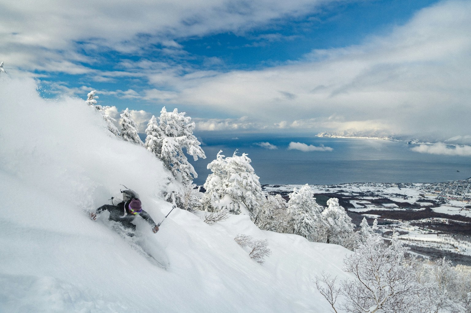 Powder skier among snow-covered trees in Japan